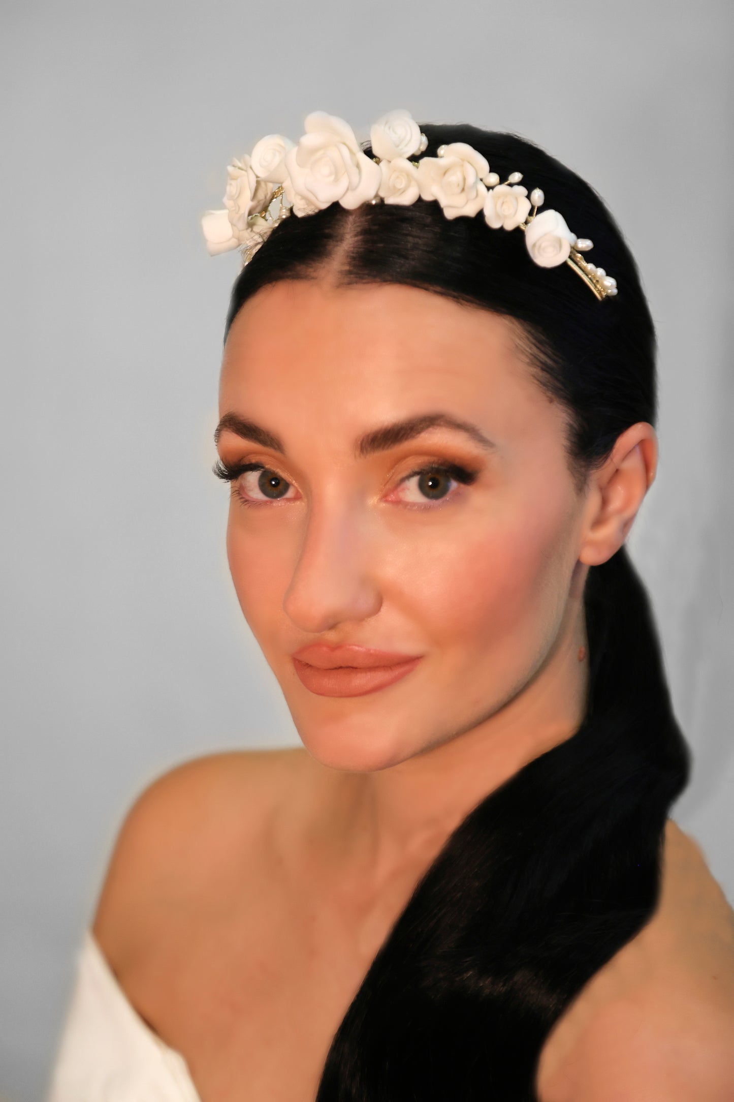 AZALIA - White Flower Petals and Stunning White Freshwater Pearl Headband